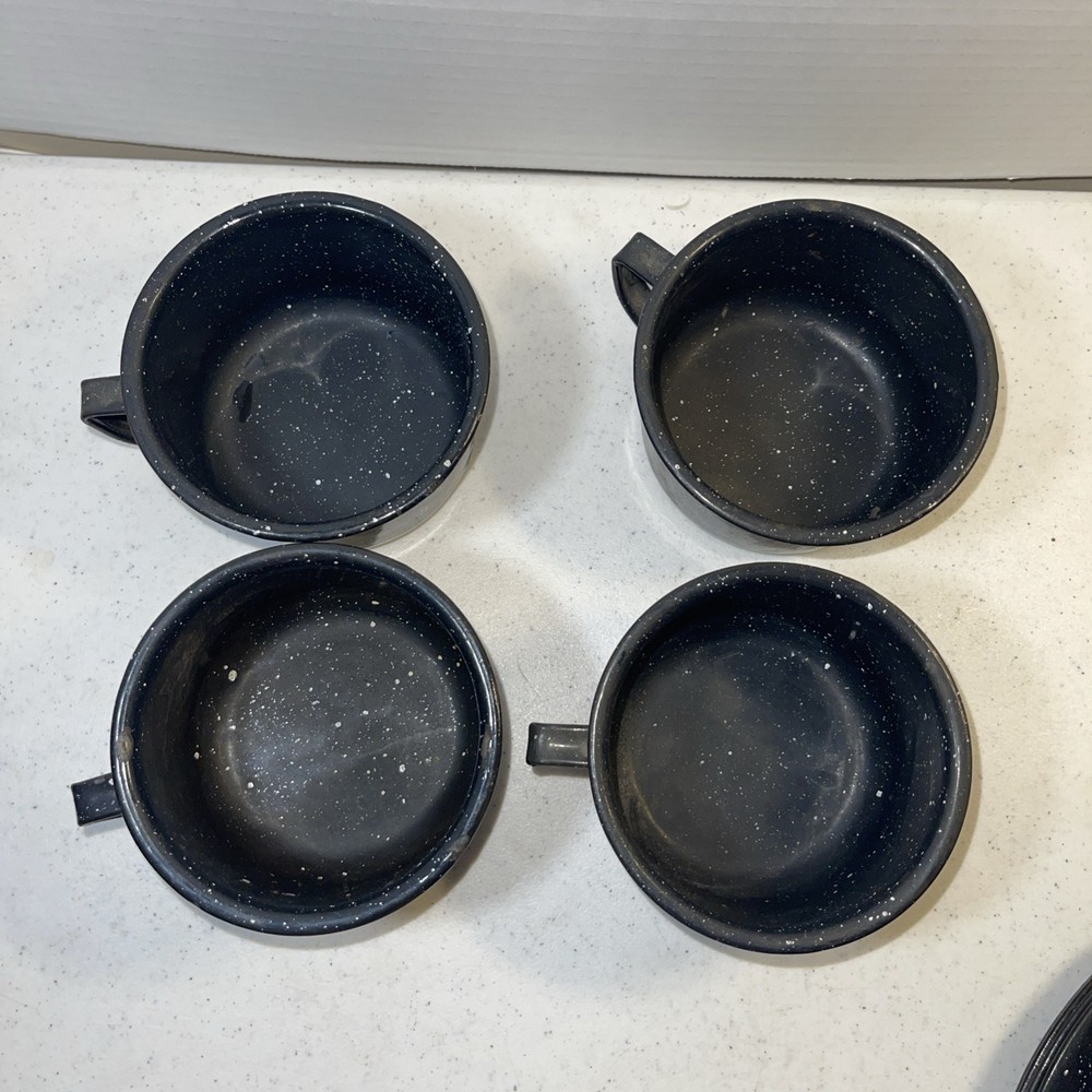 Vintage Black White Speckled Enamelware Dish Set