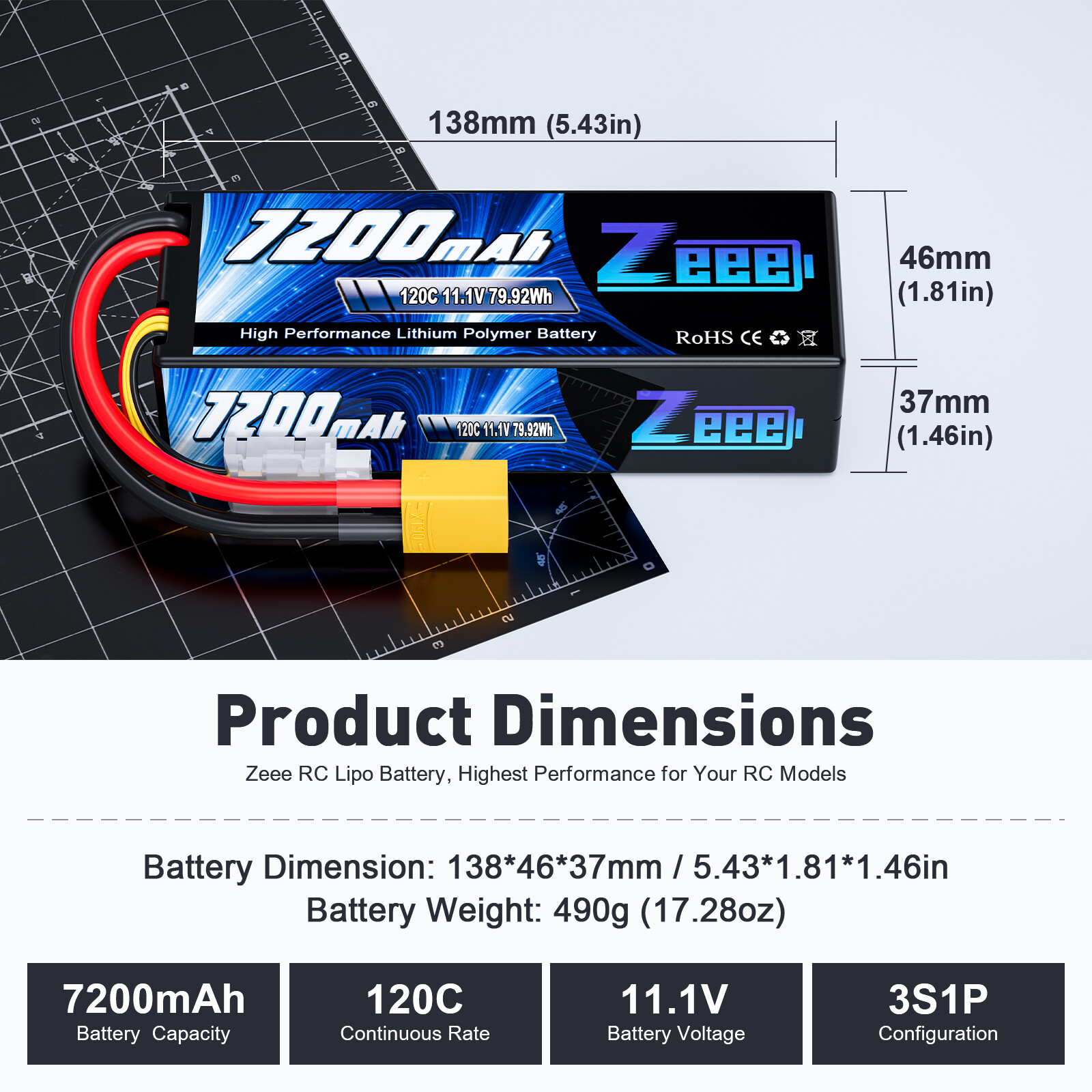 2x Zeee 3S LiPo Battery 7200mAh 11.1V 120C XT90 for 1/8 1/10 RC Car Truck Buggy
