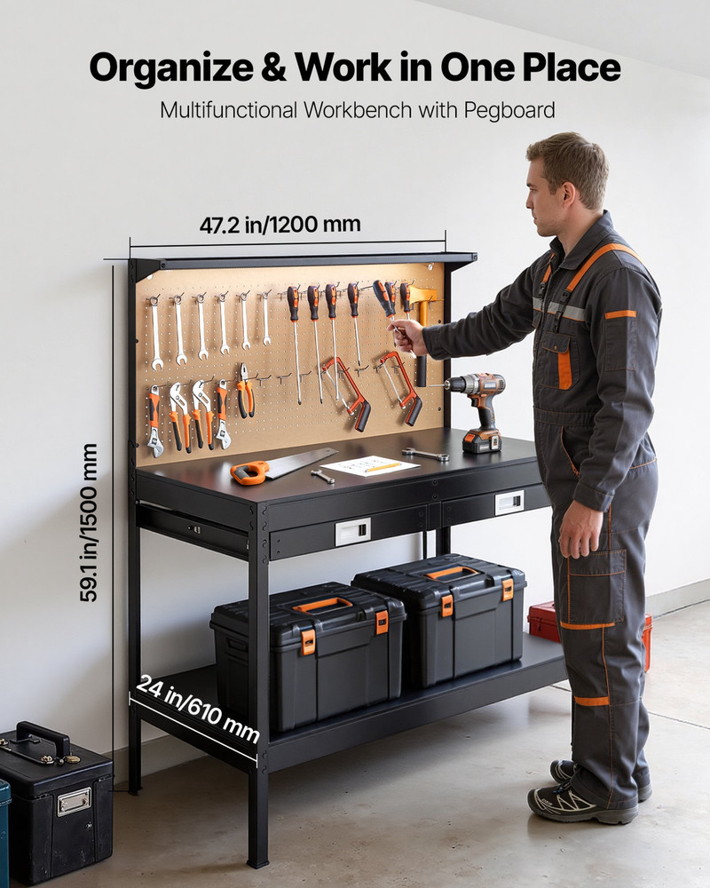 47" Hardwood Workbench w/ Pegboard Drawer Power Outlets Garage Work Table