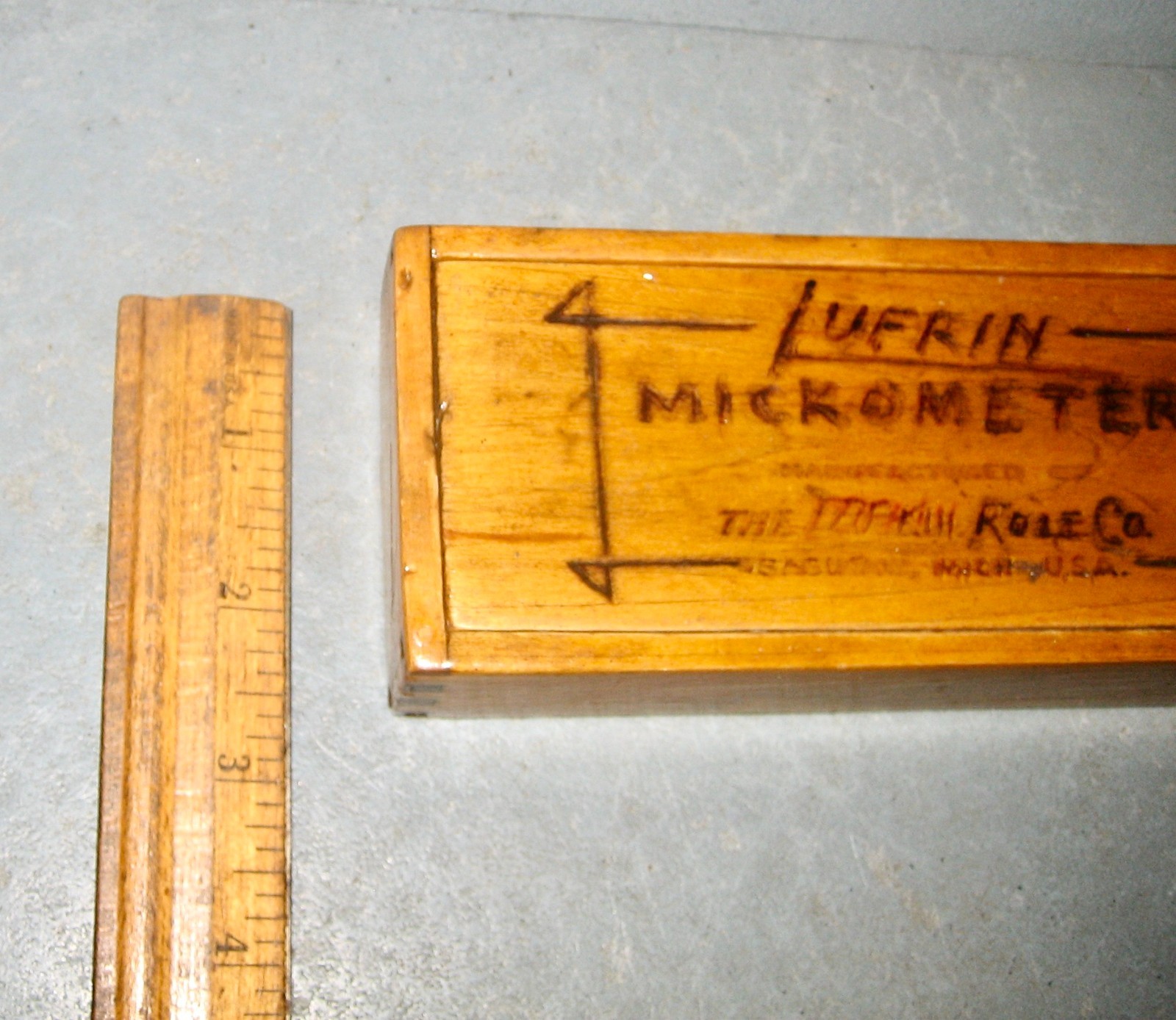 Lufkin Micrometer Wood Storage Box with garage humor: spelled Lufrin Mickometer