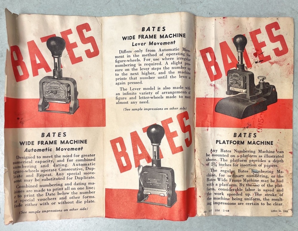 Bates Five Movement Numbering Machine: sequential stamp device six wheel style E