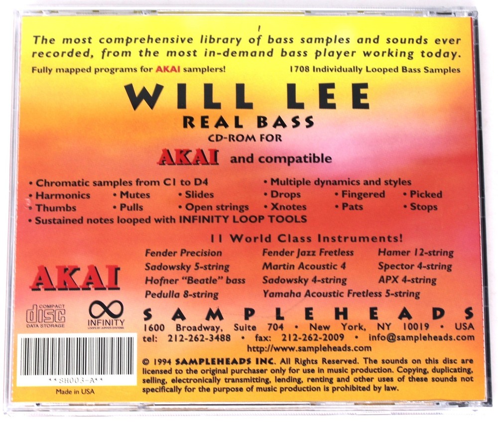 Sampleheads Will Lee Bass Library Akai Format Sample/Sound Library/Sampling CD