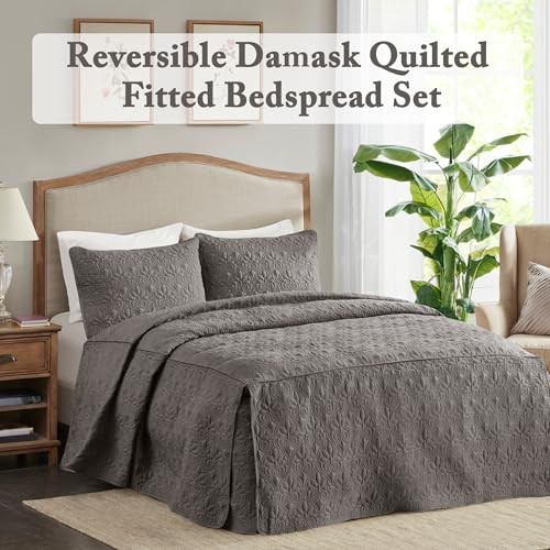 Quebec Split Corner Quilted Bedspread Classic King Dark Grey Fitted Bedspread
