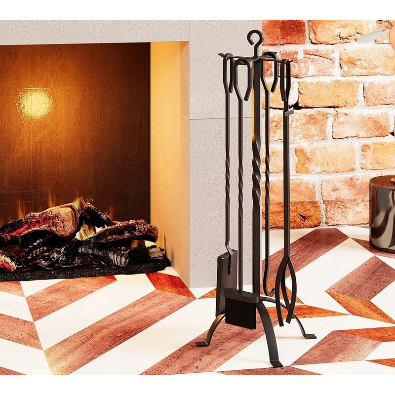 Ergonomic Fireplace Tools Set Cast Iron Fire Pit Accessories Durable 5 Piece New