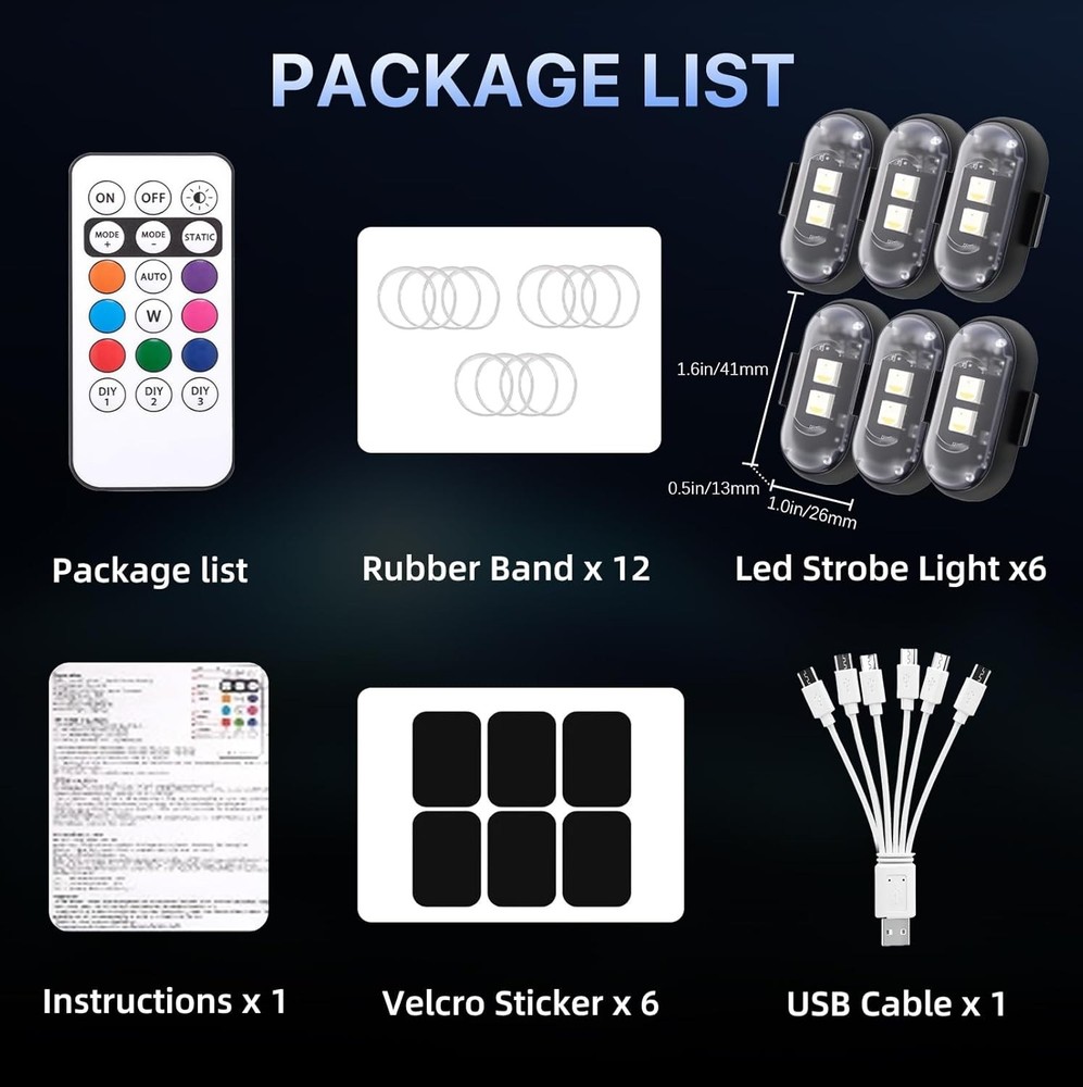6 PCS Car Wireless LED Lights with Remote Control, High Brightness Strobe Lights