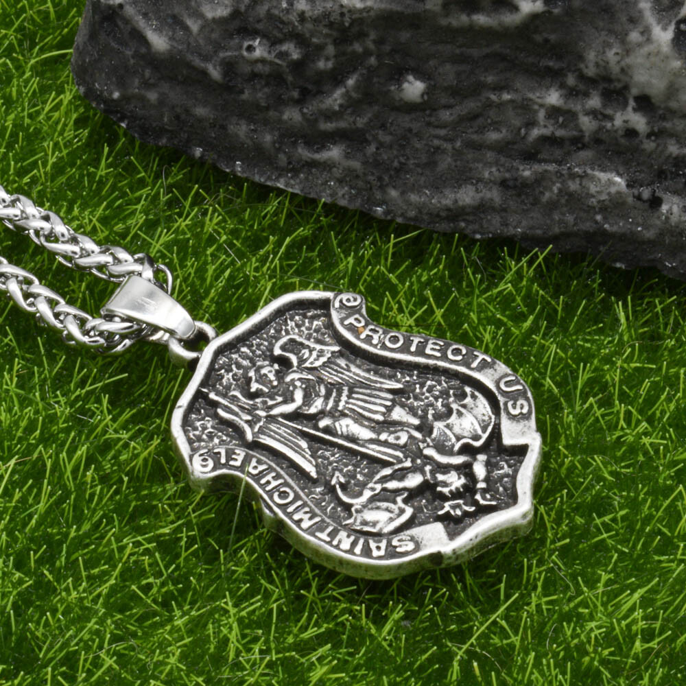 Archangel Saint St Michael Protect Us Medal Shield Pendant Necklace w 20" Chain