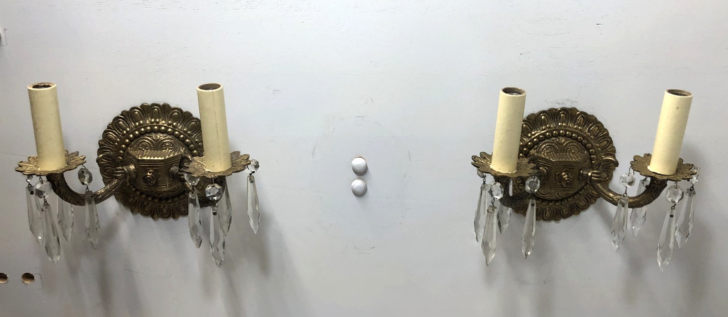 Vtg Wall Sconce Pair Brass Light Fixture French Art Glass Prism Spain MCM #L10