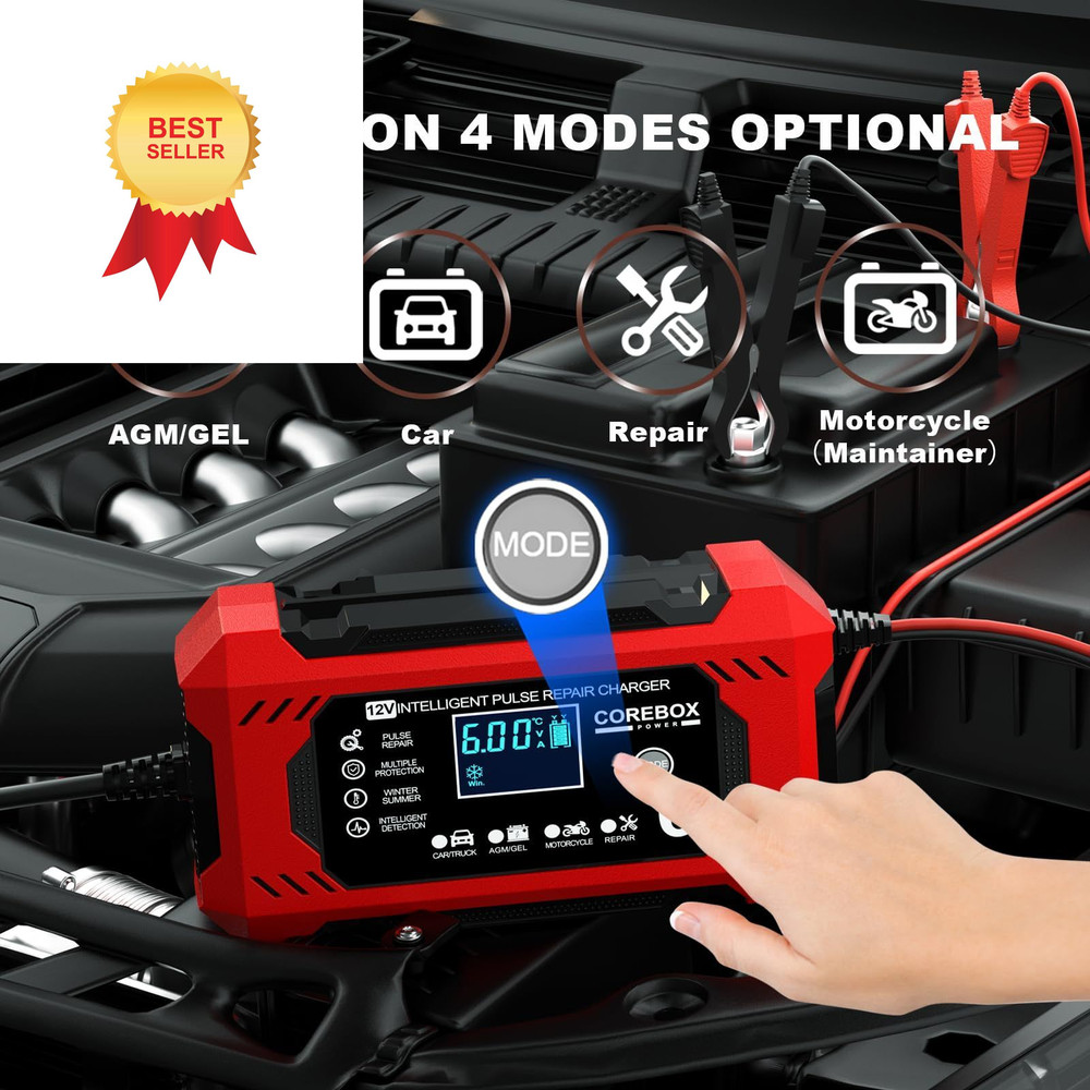 Corebox Battery Charger 6-Amp 12V Automatic Smart Trickle Red
