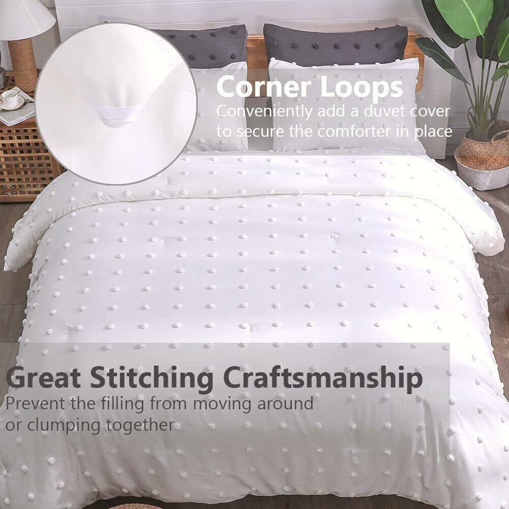 Tufted White Full Comforter Set,3 Piece - Soft Cotton Lightweight Comforter Set