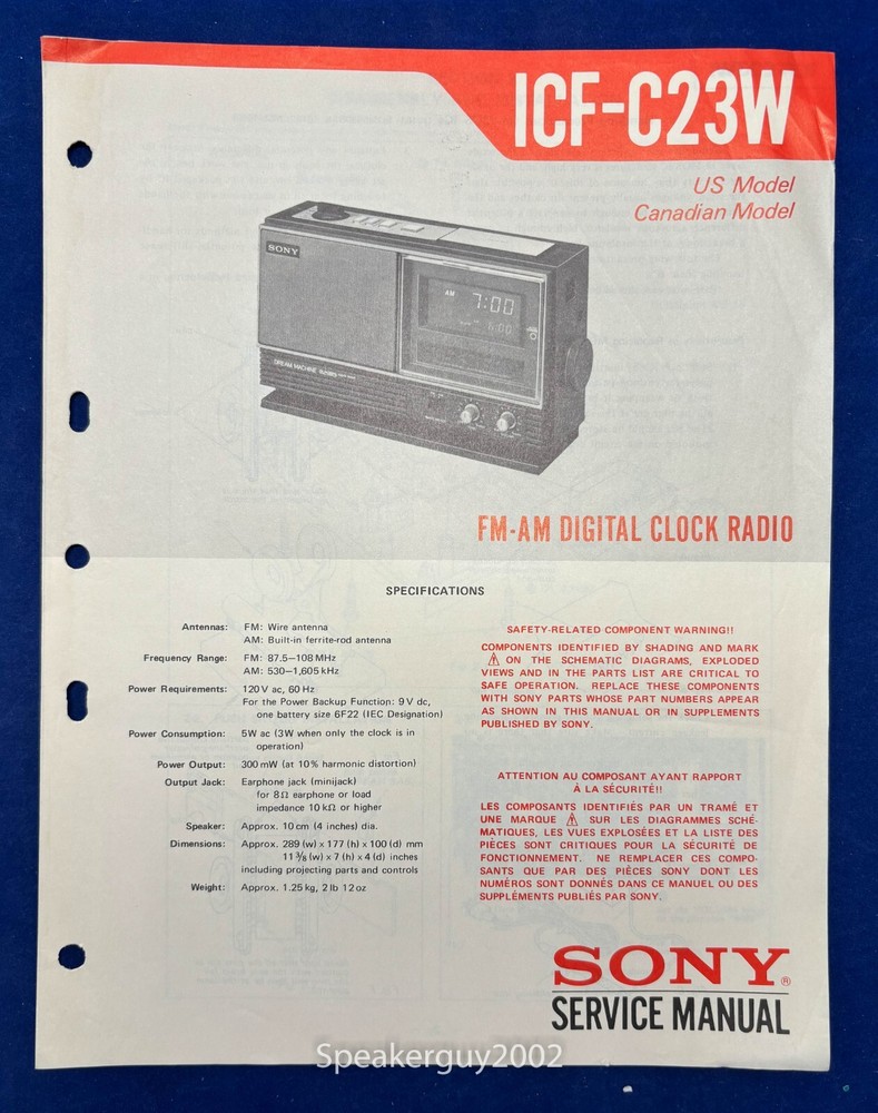 Original Sony ICF-C23W Clock Radio Service Manual