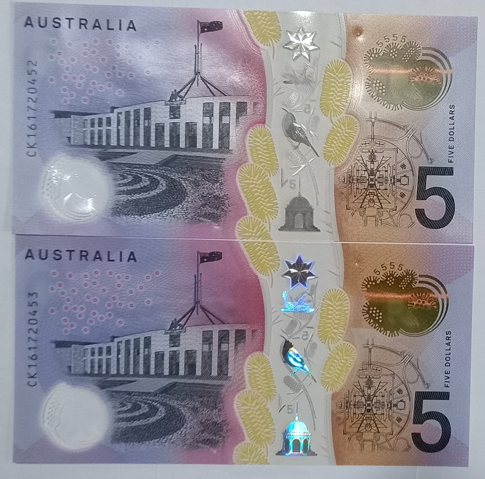 2016 Consecutive Serial Number $5 UNC 2 Five Dollar Banknotes