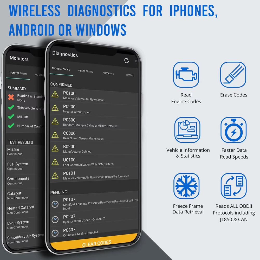 ELM327 Bluetooth OBD2 OBDII Scanner Car Diagnostic Tool Code Reader iOS Android