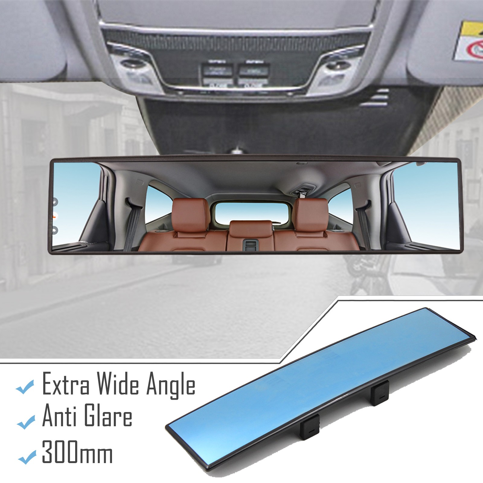 UNIVERSAL 300MM 12'' CONVEX WIDE INTERIOR REAR VIEW MIRROR BLUE TINT ANTI-GLARE