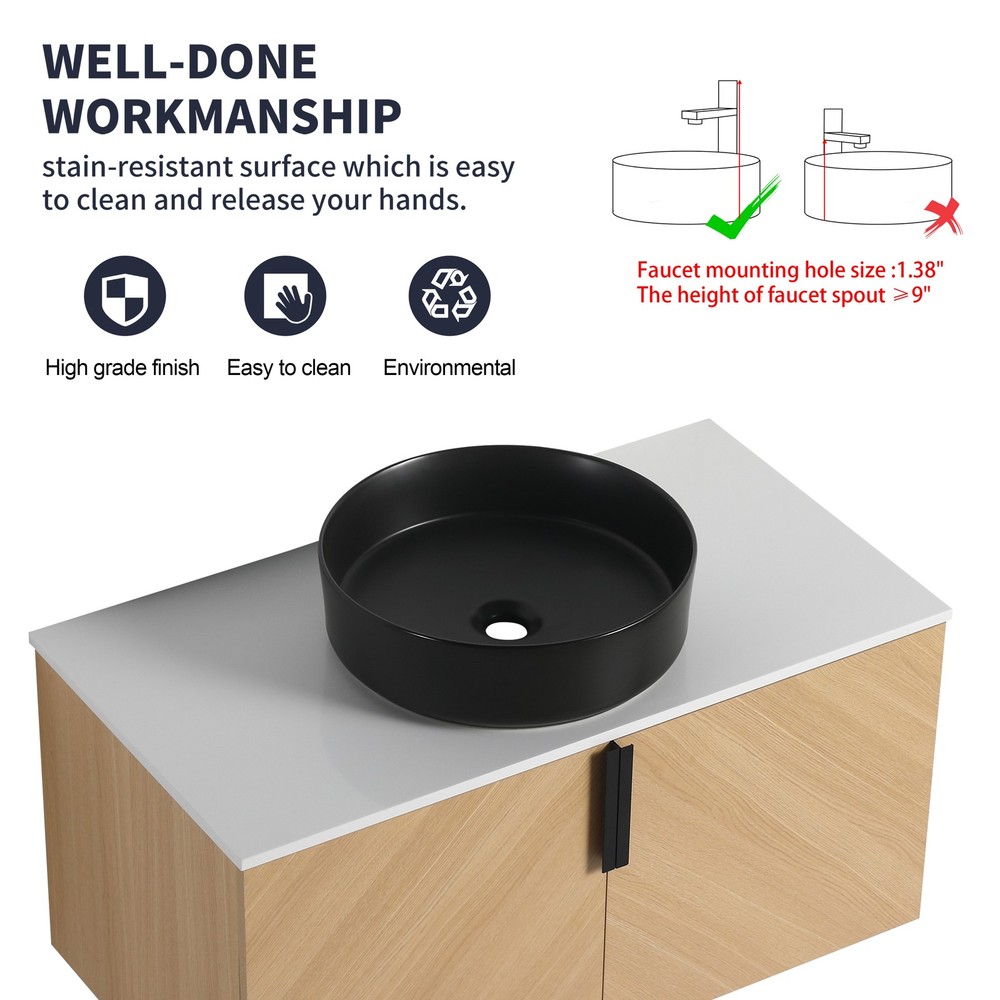 36" Wood Wall-Mounted Bathroom Vanity +Black Ceramic Sink Artificial Stone Slab