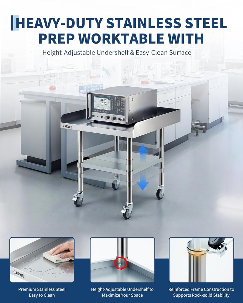 Stainless Steel Mobile Work Table with Detachable 3-Side Splash Guard & Wheels