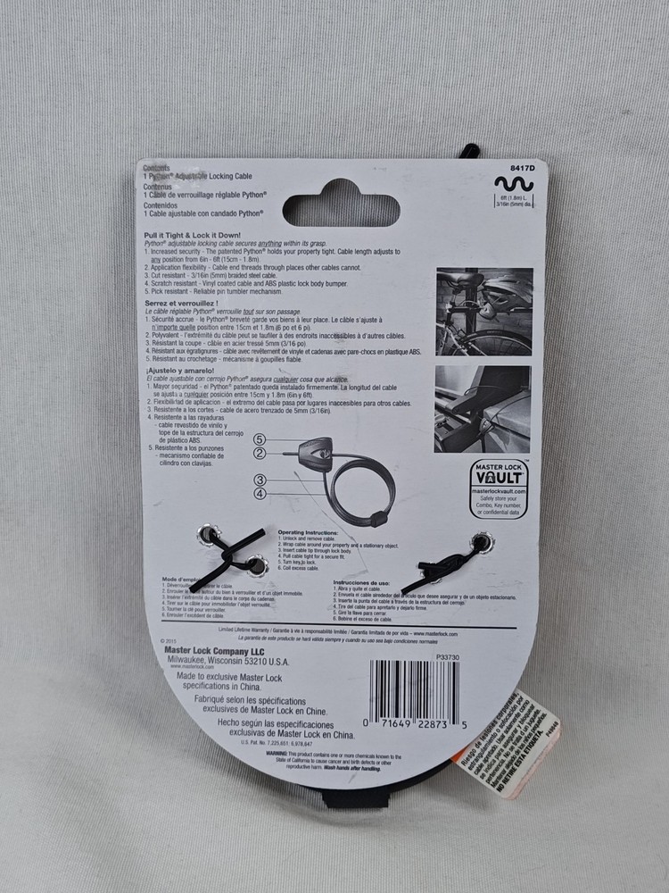 NWT MASTER Lock PYTHON 6 FT Adjustable Locking Cable 8417D Bike Lock NEW!