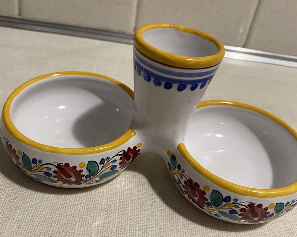 VTG Salt Cellar Condiments Dish Signed Bottom HK Ceramic Terracotta Base