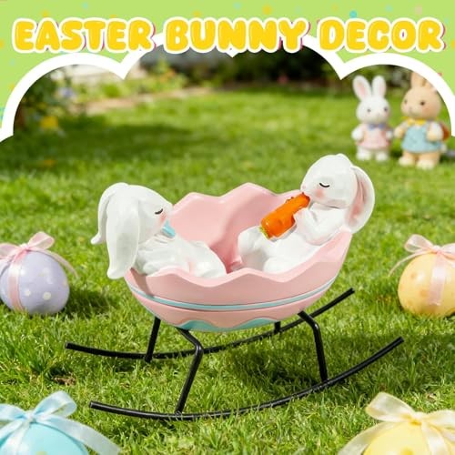 Bunny Figurines Easter Candy Dish Rocking Egg Cradle Rabbit Statue for Spring