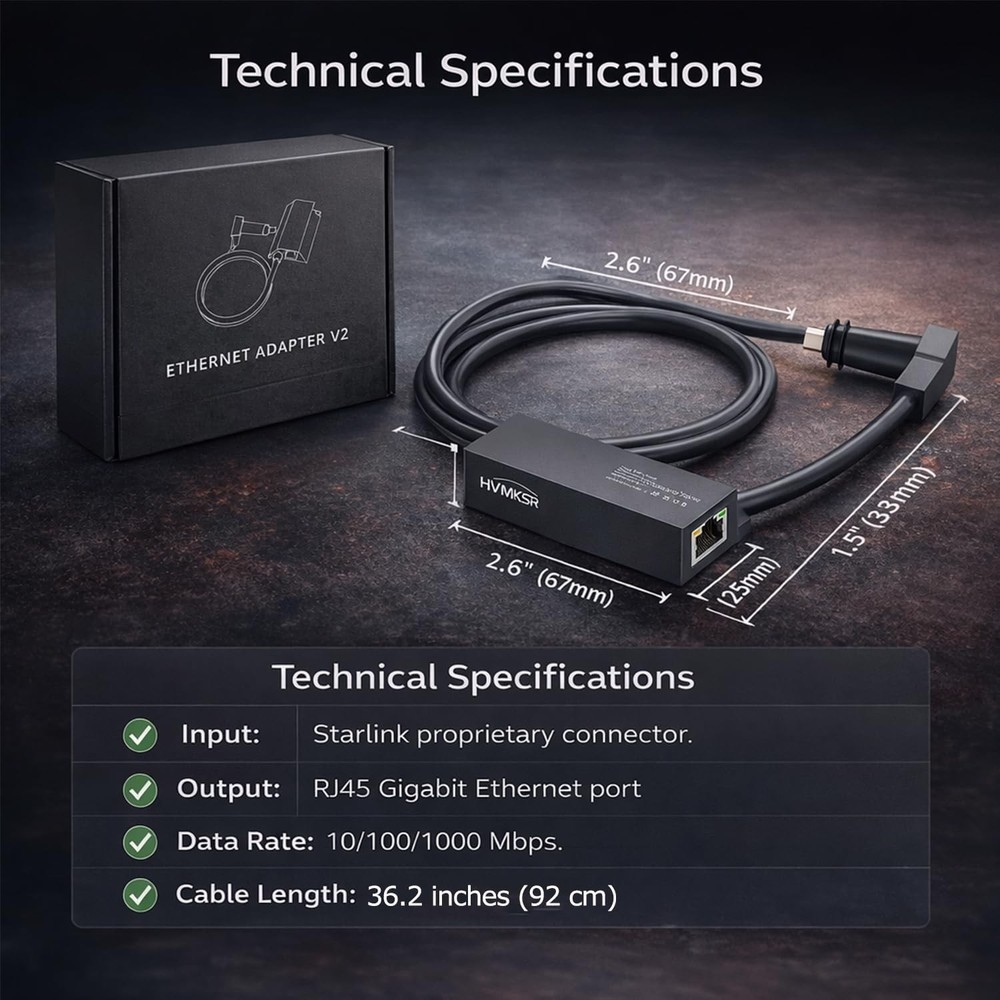 Starlink Ethernet Adapter for Gen 2 / V2 Rectangular Satellite, Gigabit RJ45 ...