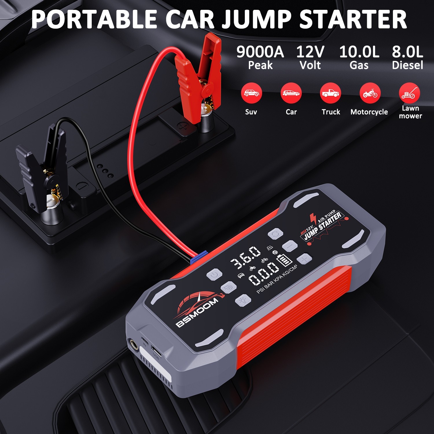 12V 9000A Jump Starter with Air Compressor Portable Power Bank & Tire Inflator