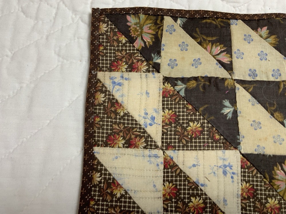Antique Patchwork Quilt Table Topper, Nine Patch, Triangle, Early Calicos, Brown