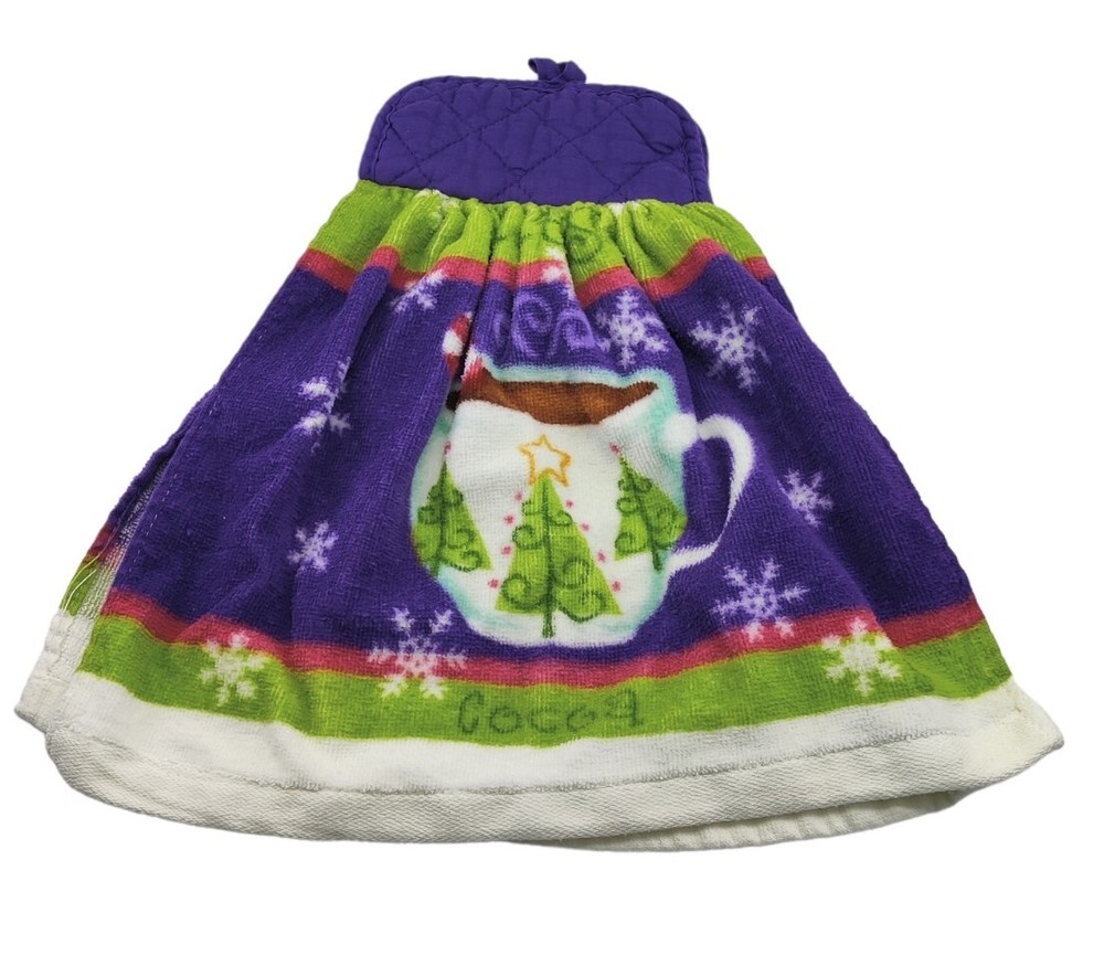 Double Layer Hanging Kitchen Towel Button Top Cocoa Christmas Winter Snow