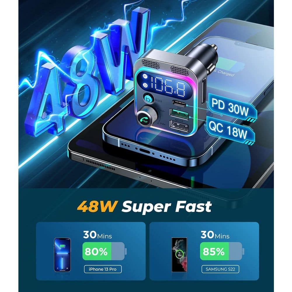 Bluetooth 5.3 FM Transmitter Car Adapter Dual Mics Hifi Deep Bass Sound 48W PD Q