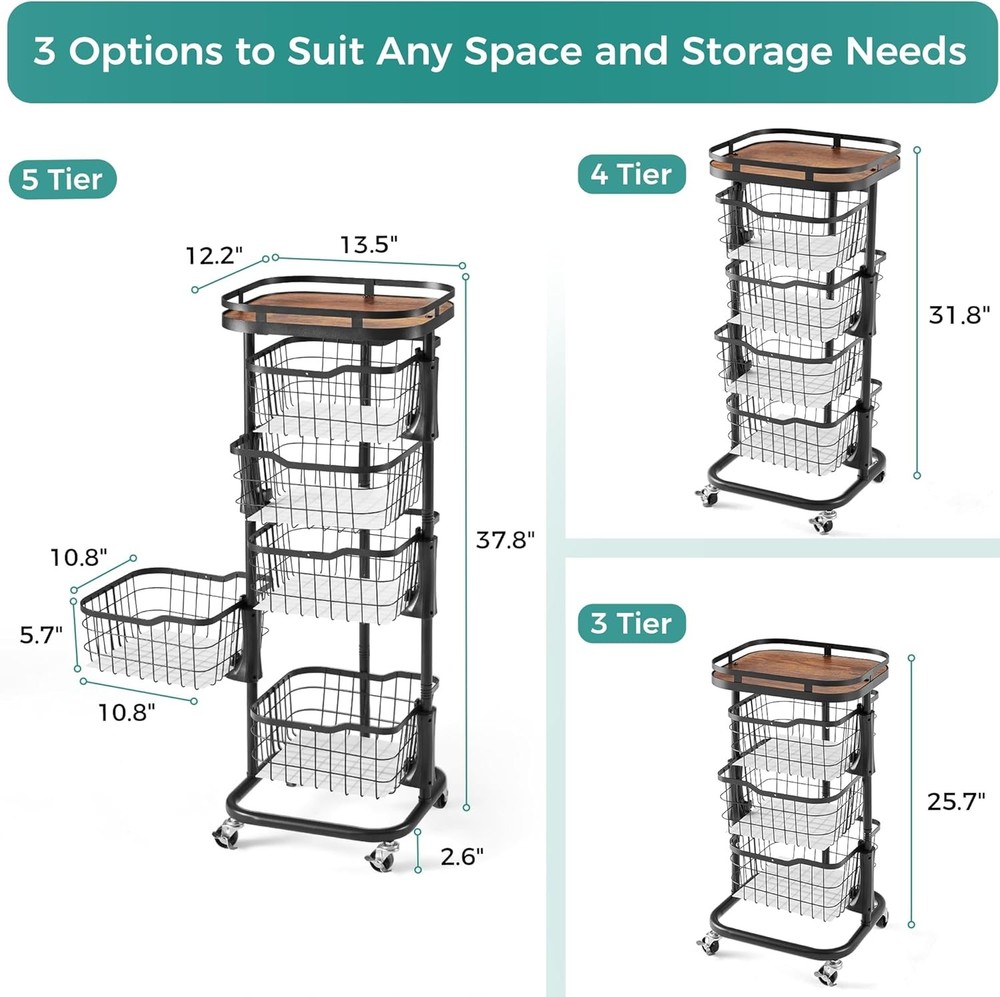 Five-tier kitchen fruit and vegetable storage trolley, rotating basket, black