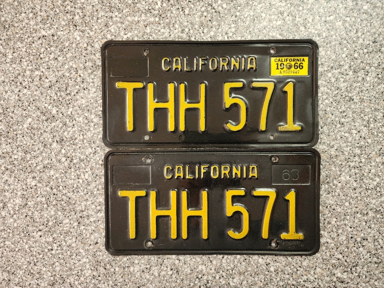 1963 Black California License Plates, 1966 Validation Sticker, DMV Clear, VG