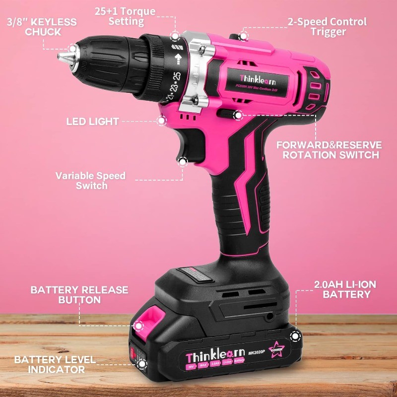 20V Pink Cordless Drill Set - Power Drill/Driver Kit with Drill Brush, Bit Set