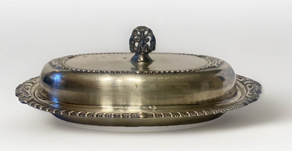 Baroque Style Sheridan Taunton Silverplate Butter Dish OVAL Holloware 9in VFC