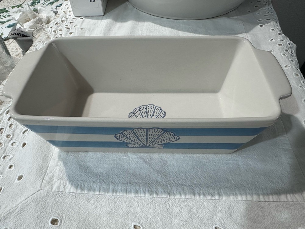 Prima Design Ceramic Rectangle Casserole Dish Blue White Striped Shell Nautical