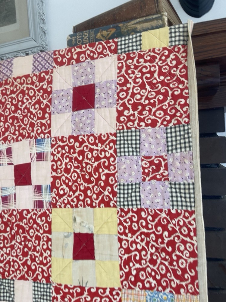 Vintage Red Calico Feedsack Patchwork Quilt Blanket Nine Patch 1900s Beautiful