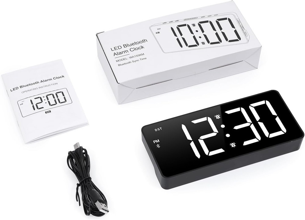 7 Inch Digital Alarm Clock with Bluetooth Sync Time, Auto-Sync Time, Adjustable