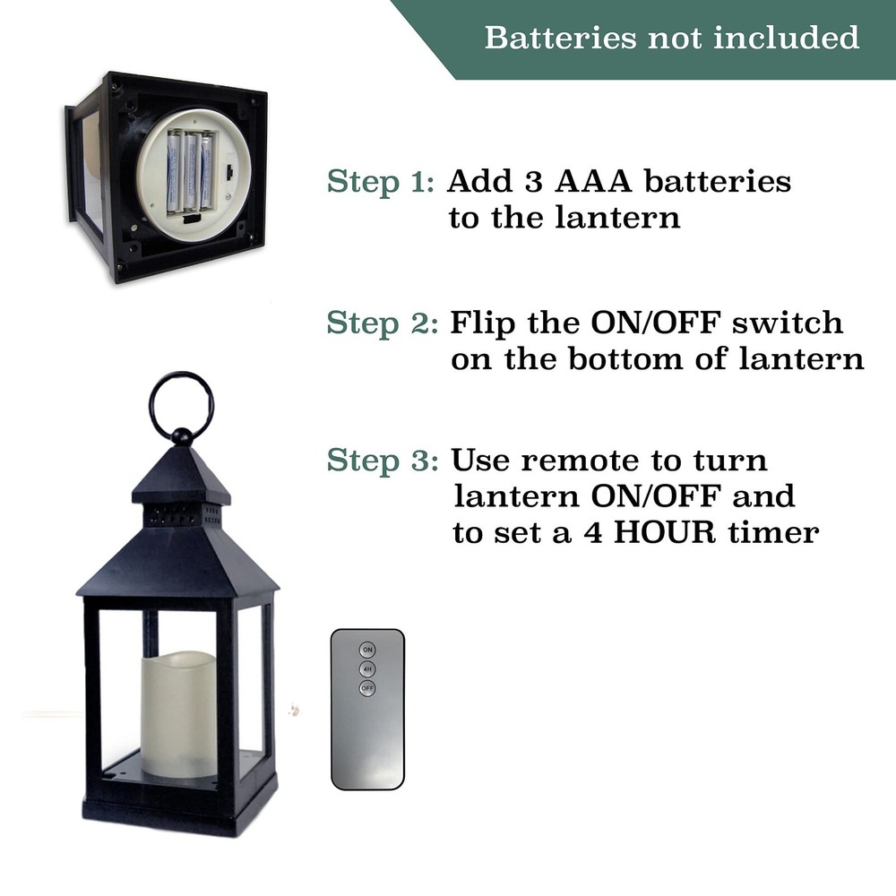 Black Decorative Lantern S/12 - 4 Hour Timer, Remote Control - 9 3/8"H #9634-12