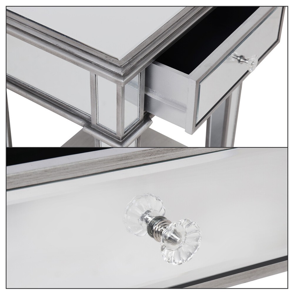 2Tier Modern Silver Mirrored Side End Table Nightstand Bedside Table with Drawer