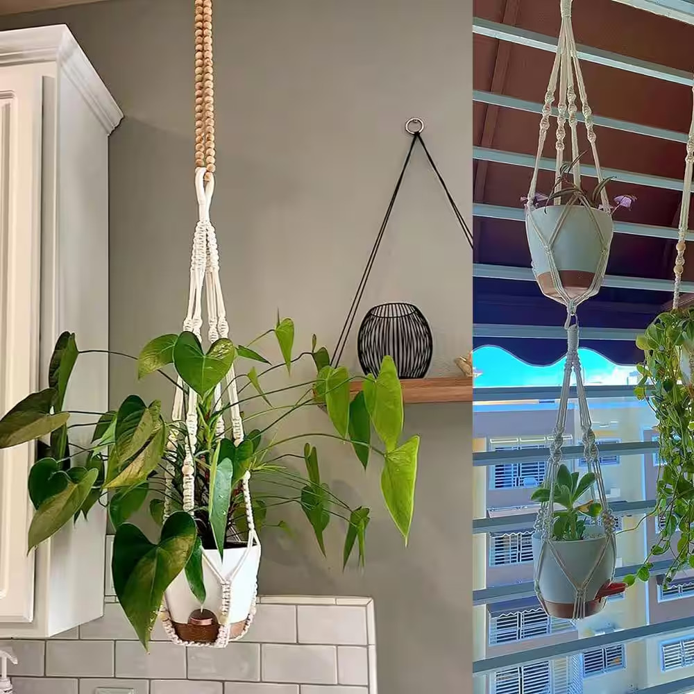 Plastic Indoor/Outdoor Hanging Planter with Macrame 3 Different Size (3-Pack)