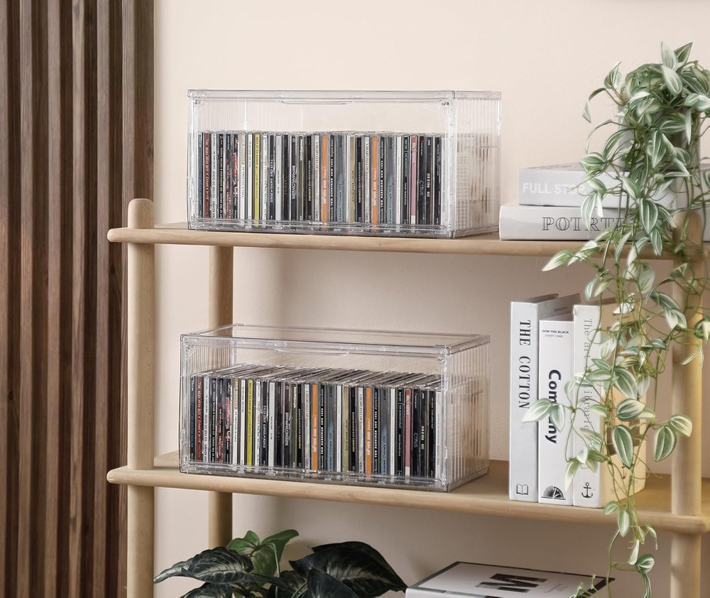 2-Pack Clear CD Storage Box, Stackable CD Case Holder with Full-View Design, Har