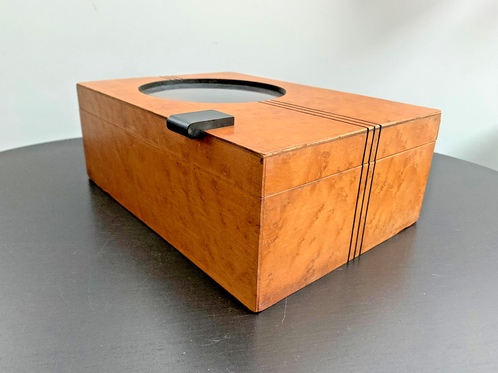 1930s Art Deco Barber Shop Cabinet Circle Glass Birdseye Maple Burton Chicago