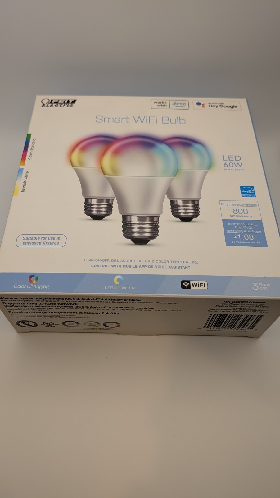 Feit Electric Smart Bulb A19 Multicolor LED 800 Lumens 9W Wi-Fi/Alexa/Google 3PK