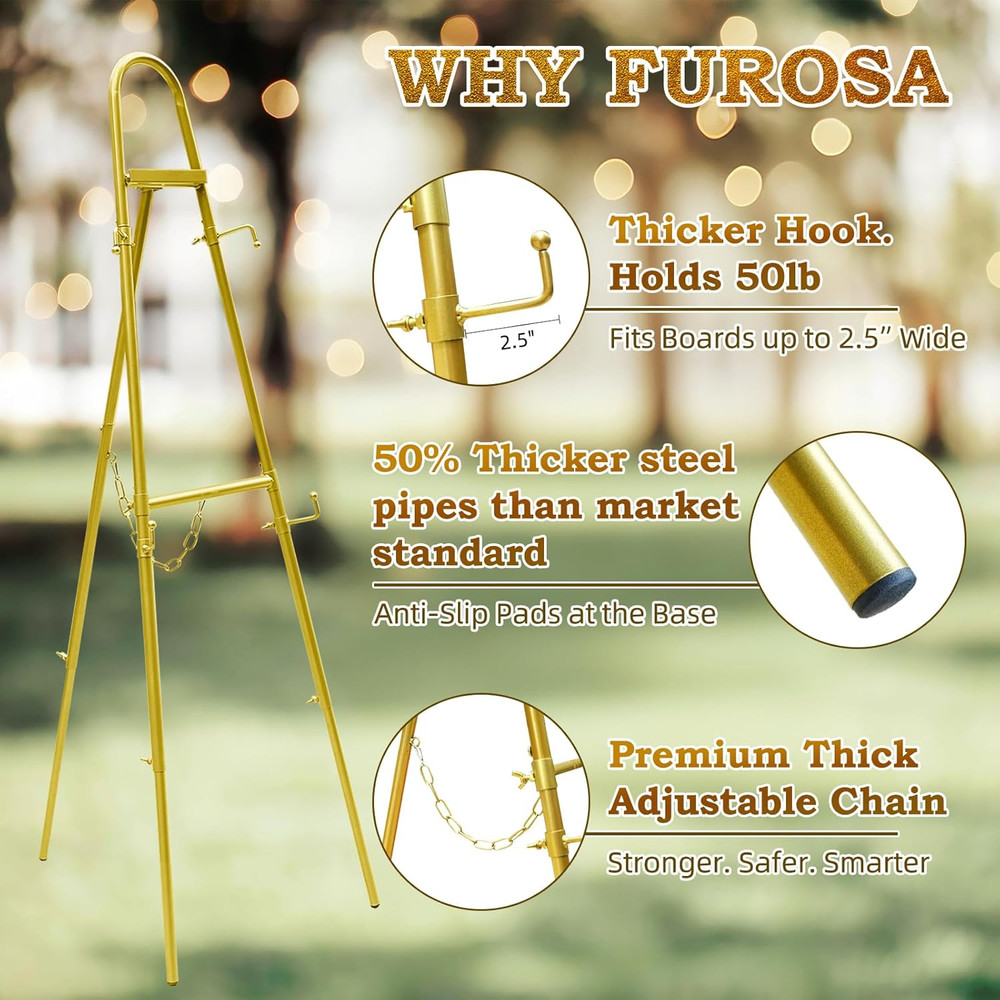 Height Adjustable Gold Easel Stand for Signs with Hooks and Display Modes