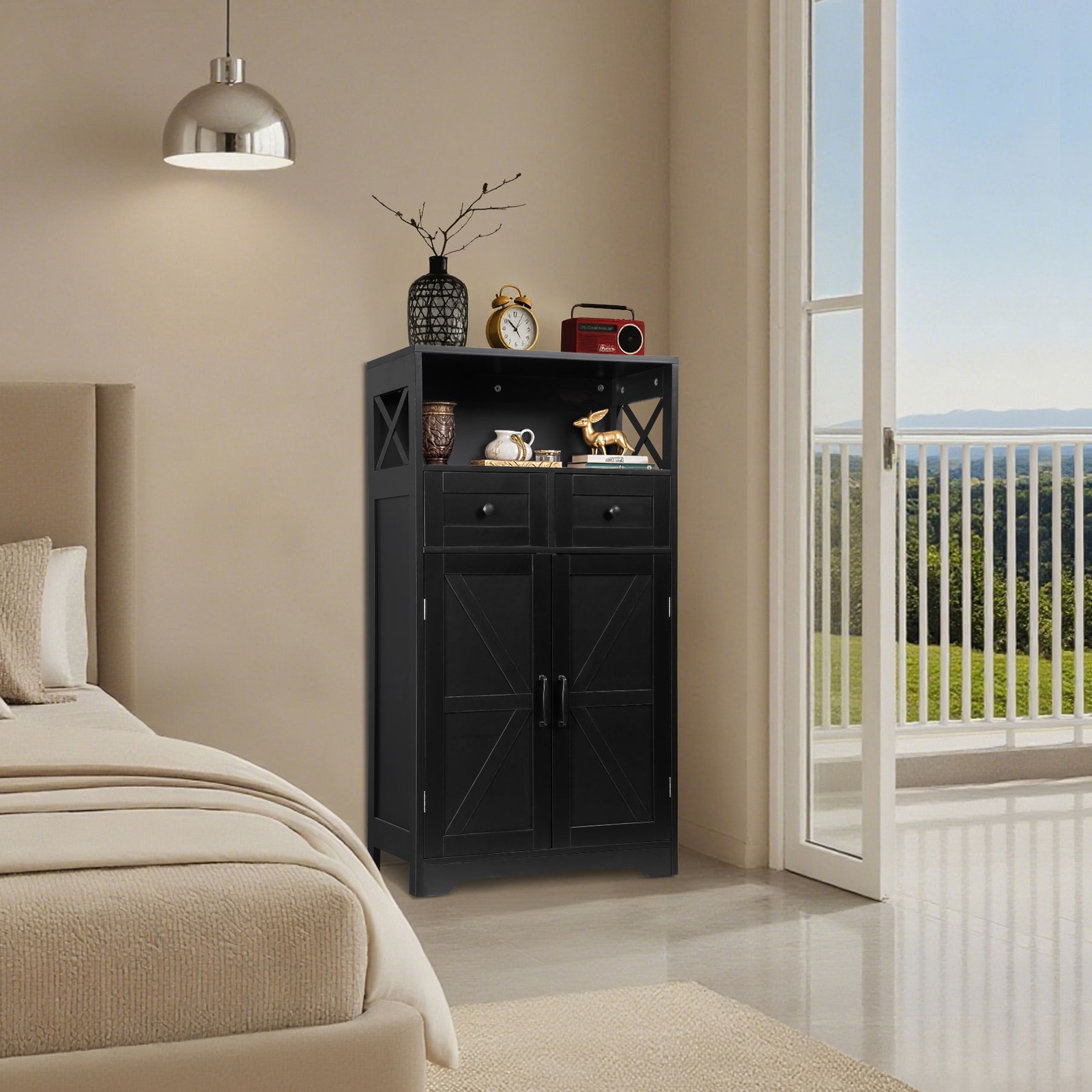 Black Storage Cabinet with Doors & Drawers Freestanding Kitchen Pantry Cabinet