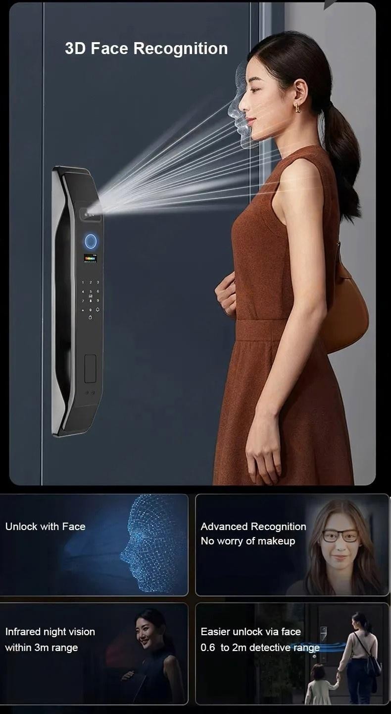 3D Face Recognition Fingerprint Password Smart Door Lock with Camera Security