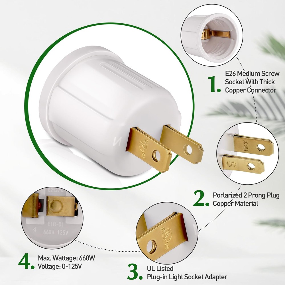Outlet to Socket Adapter, Plug-in Light Socket, Convert Outlet to Light Bulb ...