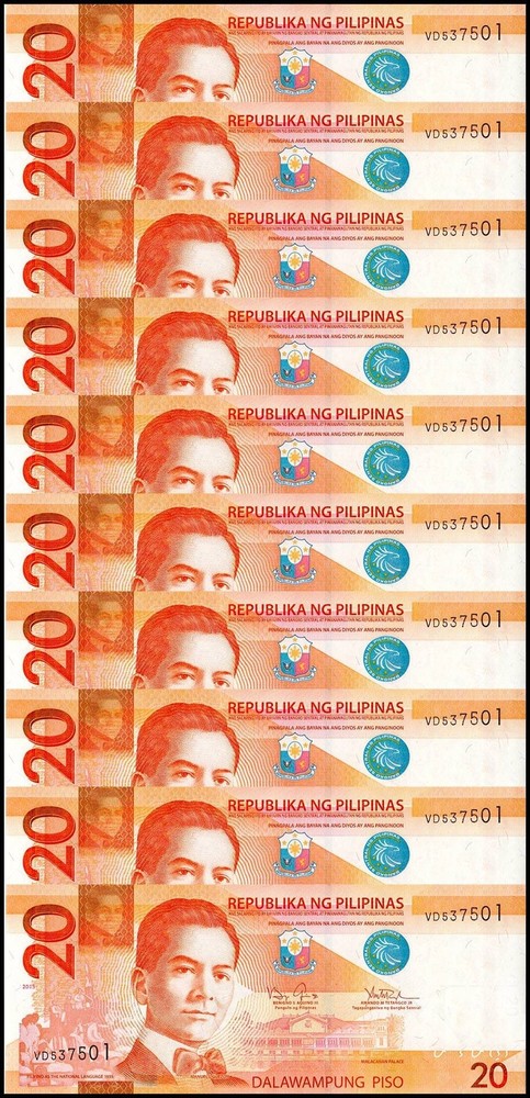 Philippines 20 Piso, 2013, P-206a.3, UNC X 10 PCS