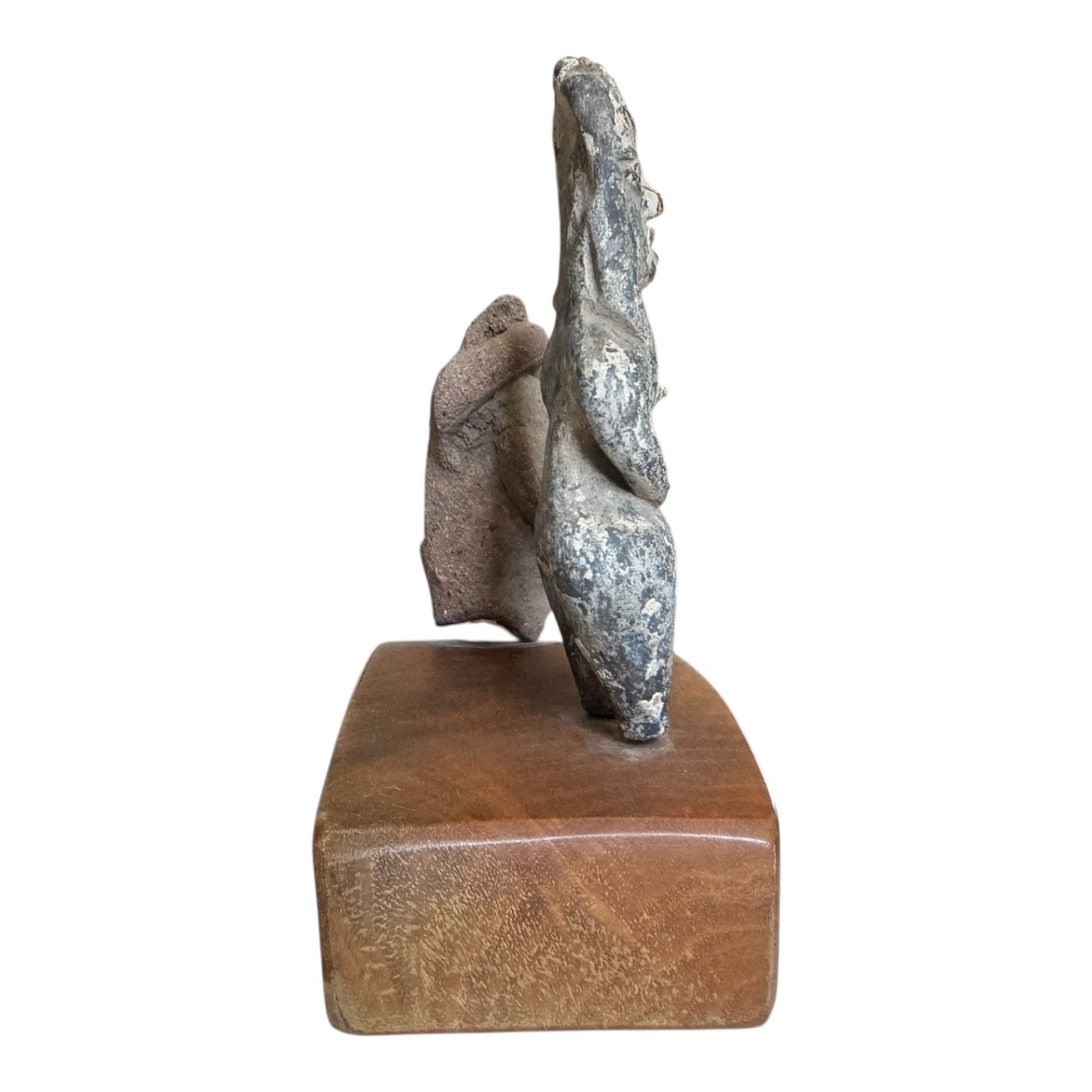 Antique Pre-Columbian Pottery Figural Group Standing Figure & Head on Base