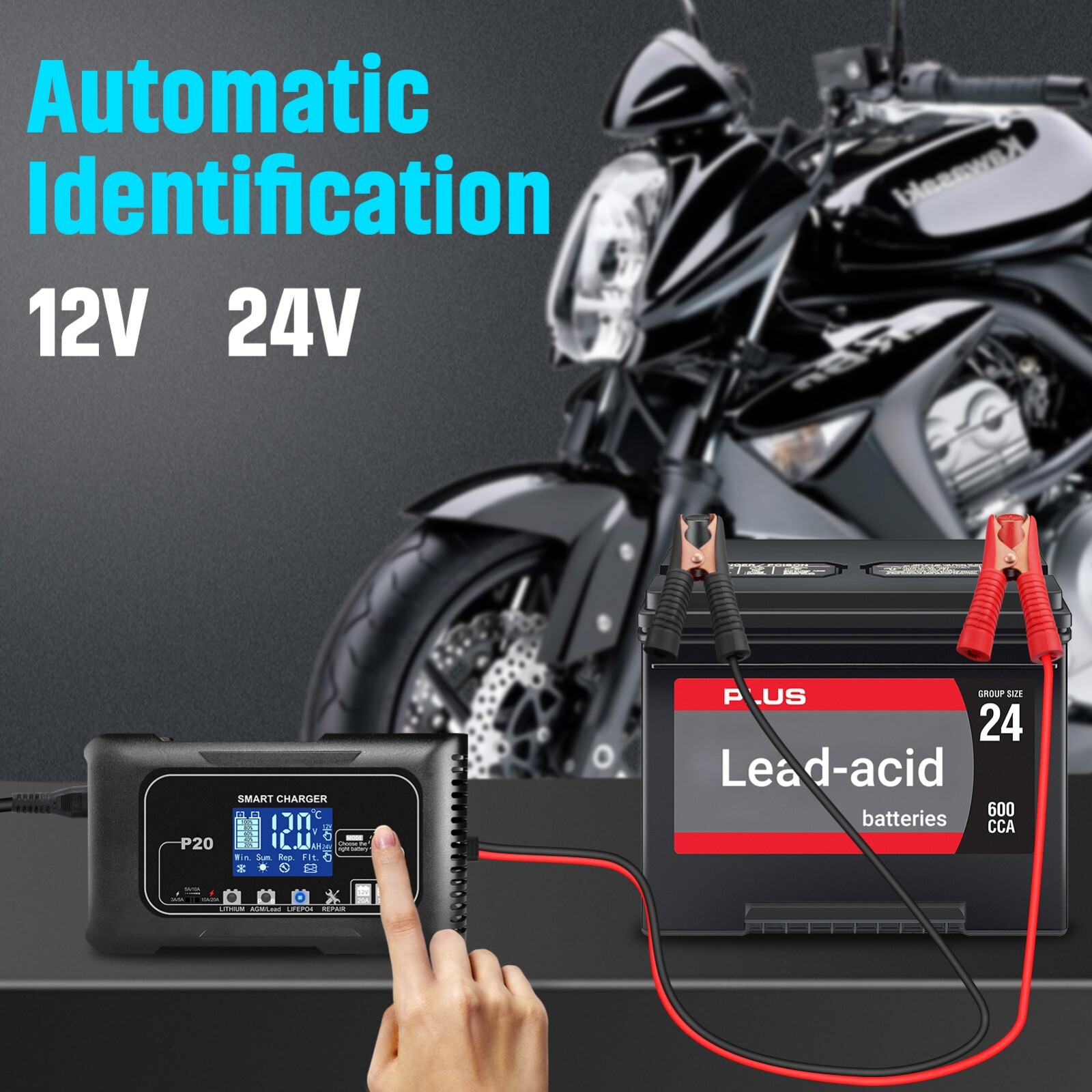 20A 12V/24V Lithium Battery Charger Automatic Maintainer, Trickle Charger Black