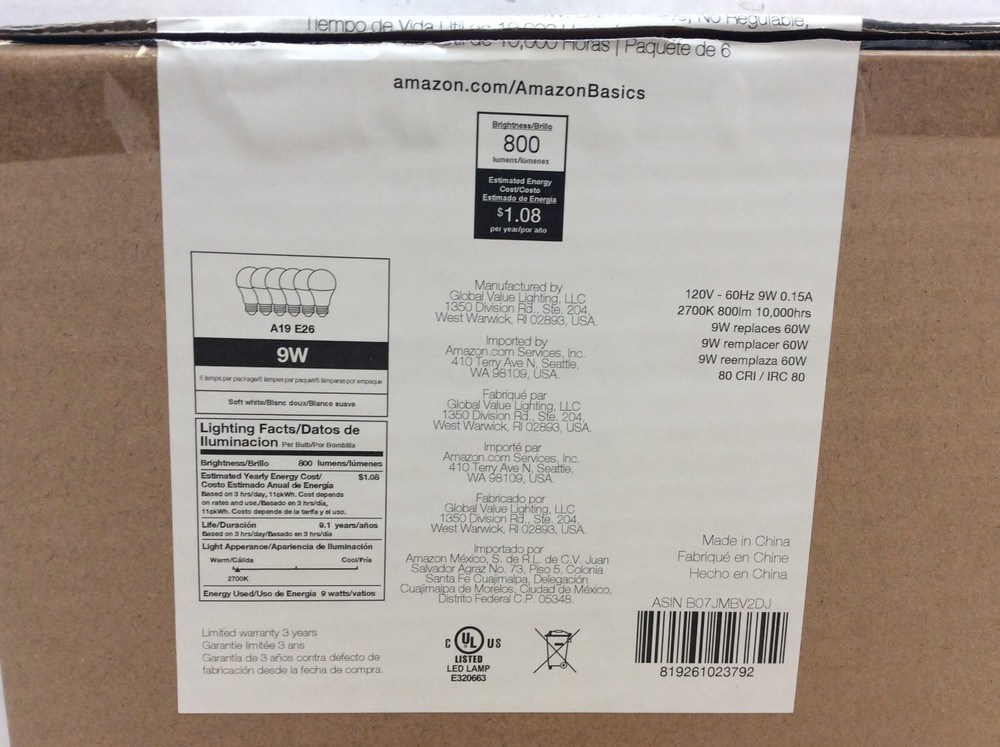 Amazon Basics A19 Soft White LED Light Bulb, E26 Base, 60w, Energy Efficient 9W