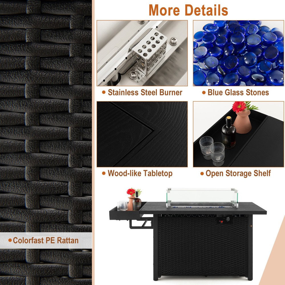 2-in-1 52" Rectangular Wicker Fire Table w/ Cover 50,000 BTU Black