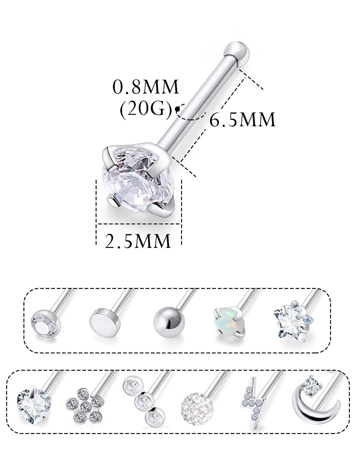 Leiainely Nose Rings Studs Piercings Jewelry for Women 3mm, 2mm, Bone